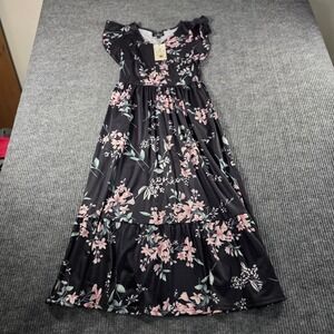 Yathon Women Black Pink Floral Flutter Sleeve V-Neck Tiered Maxi Dress Small NWT